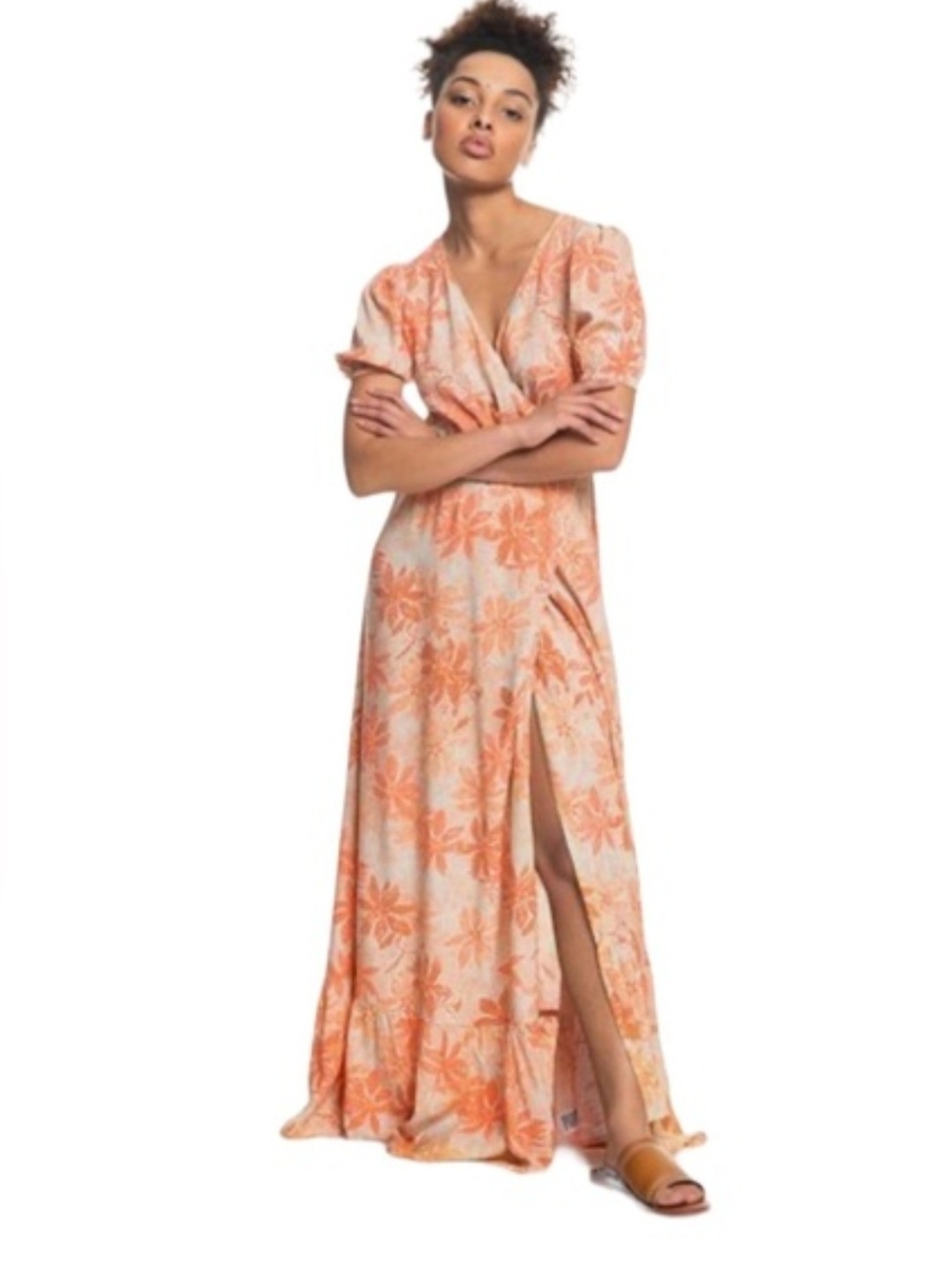 Roxy "Slow Down Time" Orange Floral Wrap Maxi Dress with Side Slit